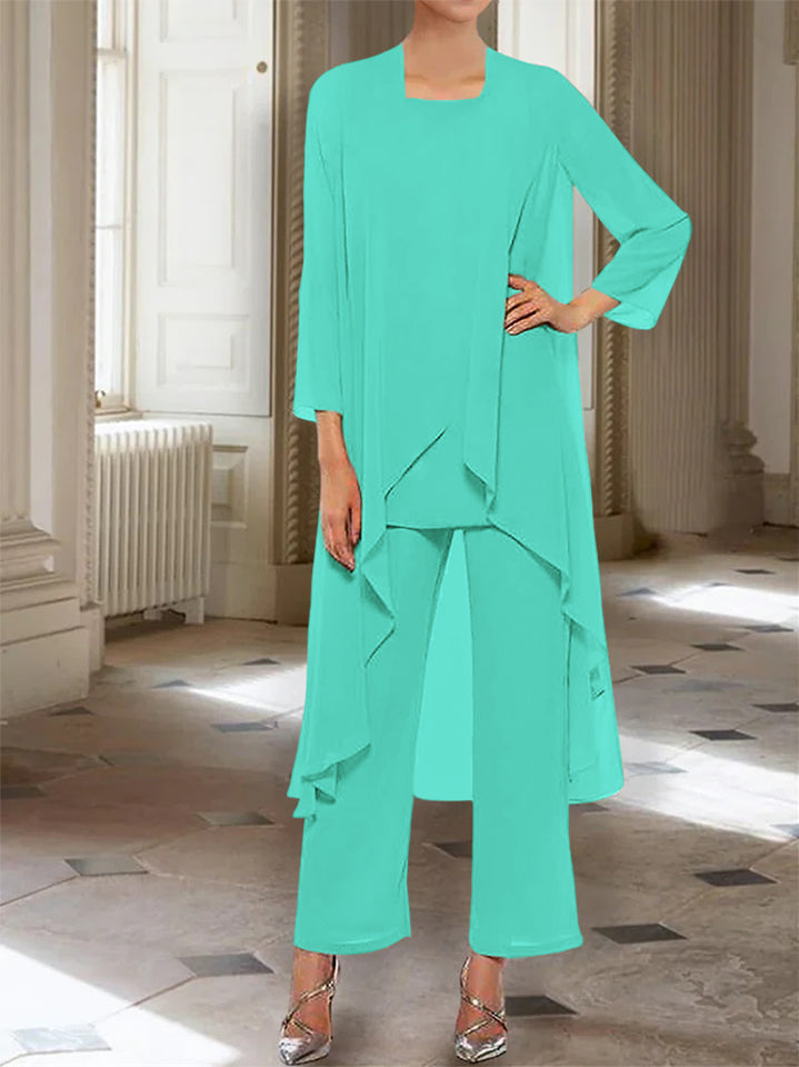 Chiffon Round Neck 3 4 Length Sleeves Ankle Length Mother Of The Bride Pantsuits With Jacket