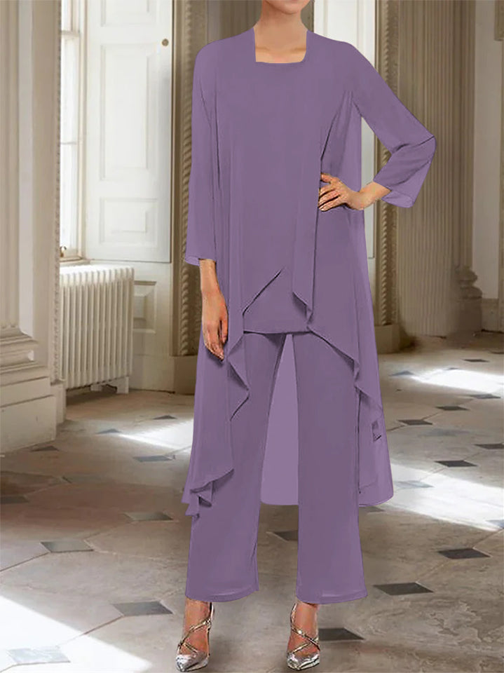 Chiffon Round Neck 3 4 Length Sleeves Ankle Length Mother Of The Bride Pantsuits With Jacket