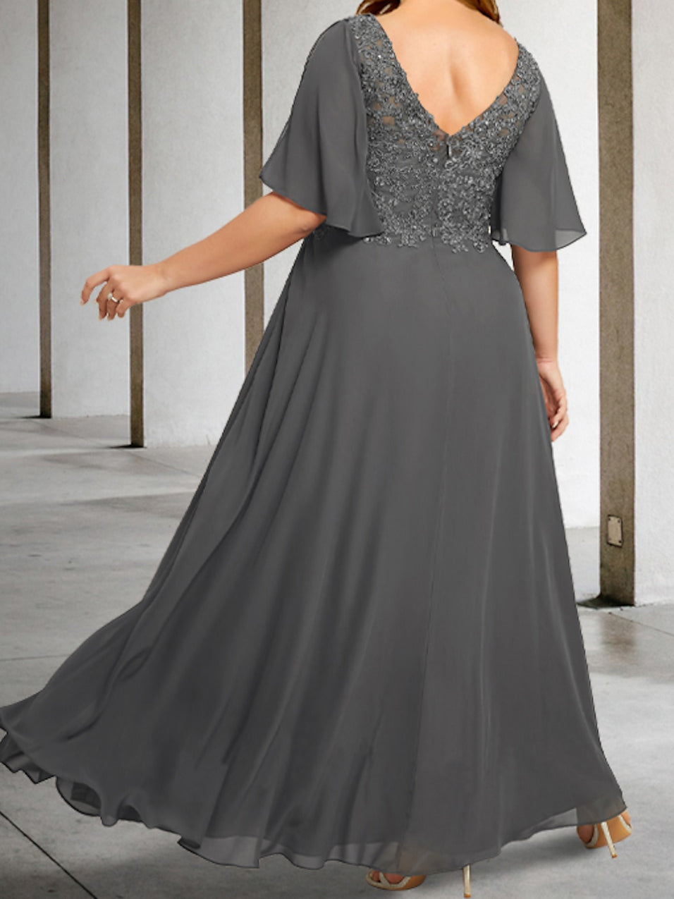 A Line Princess V Neck Half Sleeves Floor Length Mother Of The Bride Dresses With Applique
