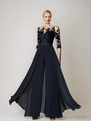 A Line Princess Jewel Neck 3 4 Length Sleeves Floor Length Mother Of The Bride Jumpsuits With Applique