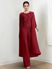 Chiffon Round Neck Floor Length Mother Of The Bride Pantsuits With Jacket Applique