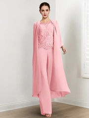 Chiffon Round Neck Floor Length Mother Of The Bride Pantsuits With Jacket Applique
