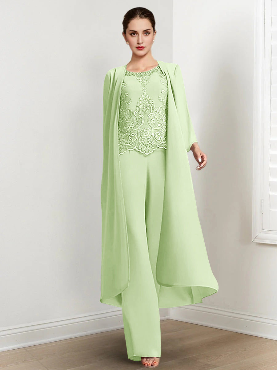 Chiffon Round Neck Floor Length Mother Of The Bride Pantsuits With Jacket Applique