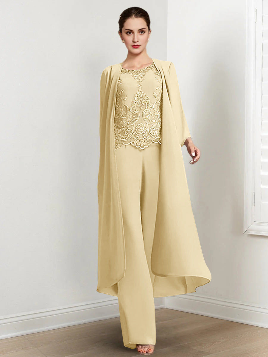 Chiffon Round Neck Floor Length Mother Of The Bride Pantsuits With Jacket Applique