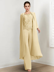 Chiffon Round Neck Floor Length Mother Of The Bride Pantsuits With Jacket Applique