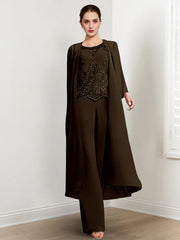 Chiffon Round Neck Floor Length Mother Of The Bride Pantsuits With Jacket Applique