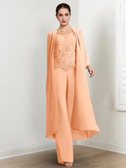 Chiffon Round Neck Floor Length Mother Of The Bride Pantsuits With Jacket Applique