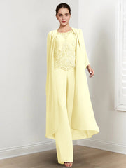 Chiffon Round Neck Floor Length Mother Of The Bride Pantsuits With Jacket Applique