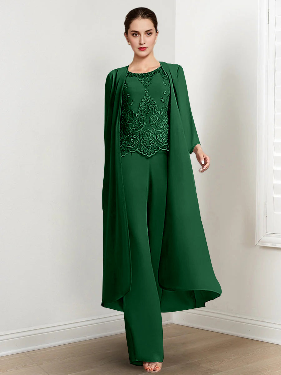 Chiffon Round Neck Floor Length Mother Of The Bride Pantsuits With Jacket Applique