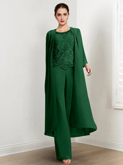 Chiffon Round Neck Floor Length Mother Of The Bride Pantsuits With Jacket Applique