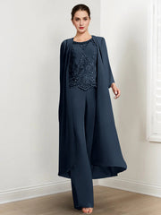 Chiffon Round Neck Floor Length Mother Of The Bride Pantsuits With Jacket Applique