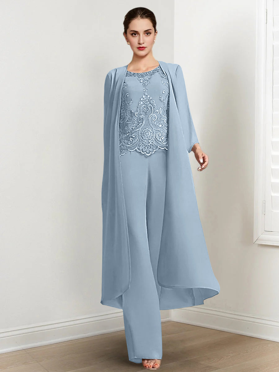 Chiffon Round Neck Floor Length Mother Of The Bride Pantsuits With Jacket Applique