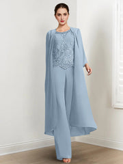 Chiffon Round Neck Floor Length Mother Of The Bride Pantsuits With Jacket Applique