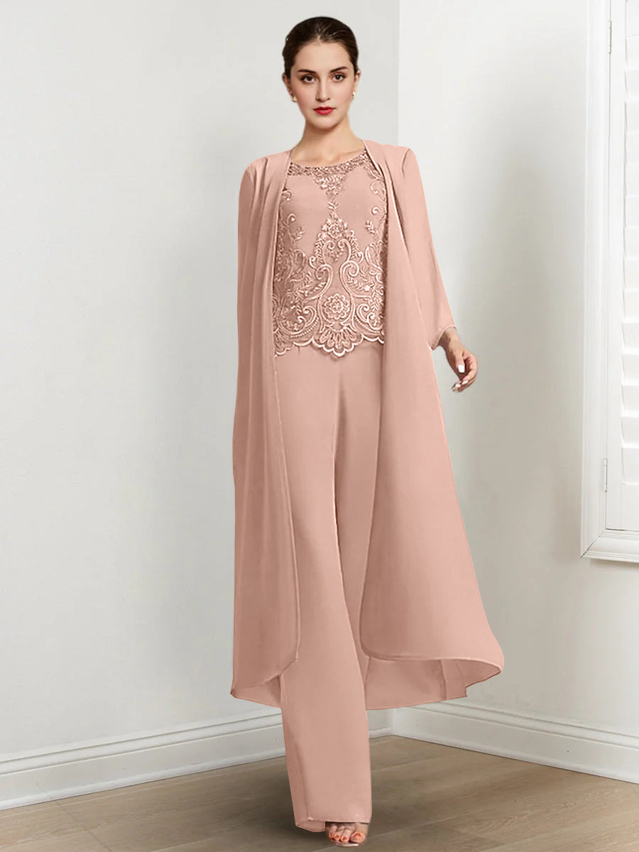 Chiffon Round Neck Floor Length Mother Of The Bride Pantsuits With Jacket Applique