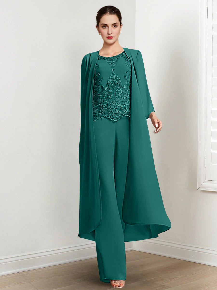 Chiffon Round Neck Floor Length Mother Of The Bride Pantsuits With Jacket Applique