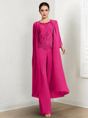 Chiffon Round Neck Floor Length Mother Of The Bride Pantsuits With Jacket Applique