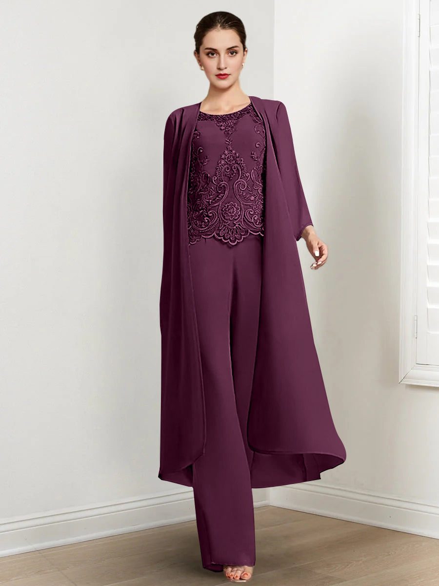 Chiffon Round Neck Floor Length Mother Of The Bride Pantsuits With Jacket Applique