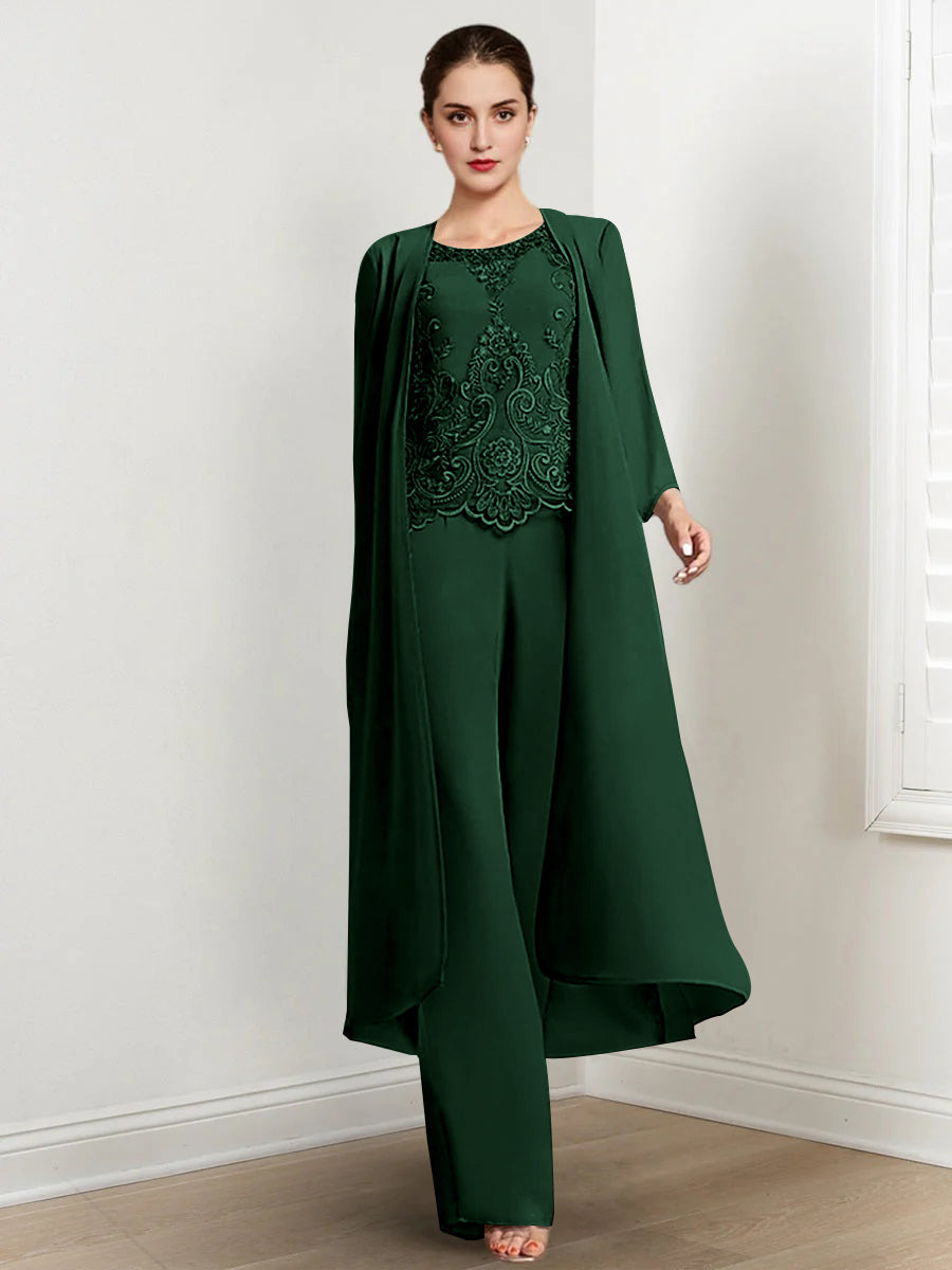 Chiffon Round Neck Floor Length Mother Of The Bride Pantsuits With Jacket Applique