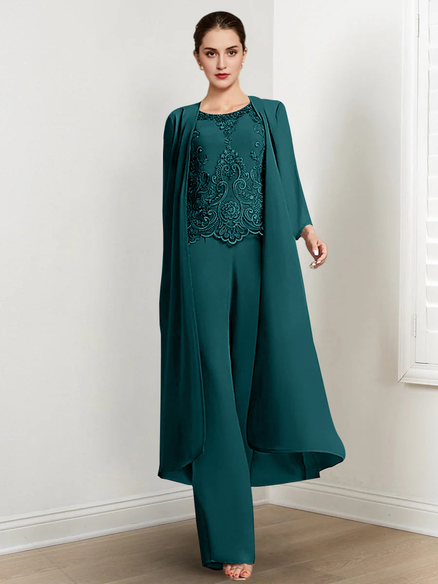 Chiffon Round Neck Floor Length Mother Of The Bride Pantsuits With Jacket Applique