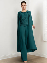 Chiffon Round Neck Floor Length Mother Of The Bride Pantsuits With Jacket Applique