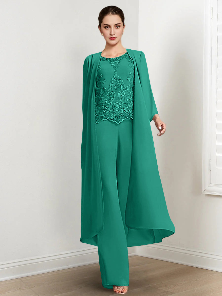 Chiffon Round Neck Floor Length Mother Of The Bride Pantsuits With Jacket Applique