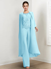 Chiffon Round Neck Floor Length Mother Of The Bride Pantsuits With Jacket Applique