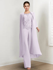 Chiffon Round Neck Floor Length Mother Of The Bride Pantsuits With Jacket Applique
