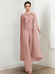 Chiffon Round Neck Floor Length Mother Of The Bride Pantsuits With Jacket Applique