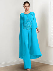 Chiffon Round Neck Floor Length Mother Of The Bride Pantsuits With Jacket Applique