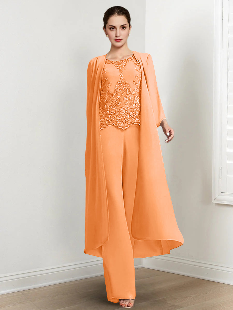 Chiffon Round Neck Floor Length Mother Of The Bride Pantsuits With Jacket Applique