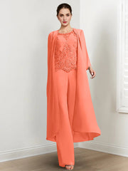 Chiffon Round Neck Floor Length Mother Of The Bride Pantsuits With Jacket Applique
