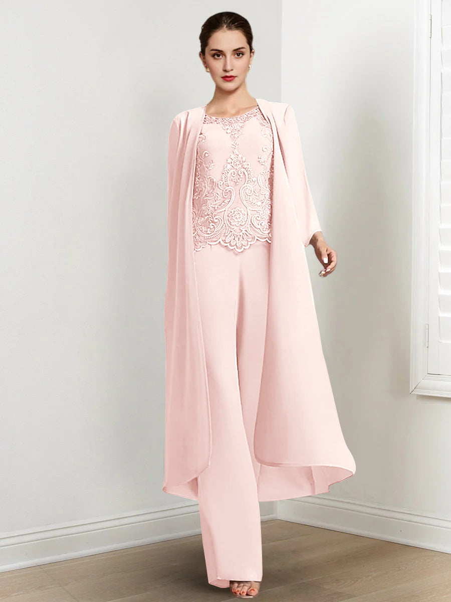 Chiffon Round Neck Floor Length Mother Of The Bride Pantsuits With Jacket Applique