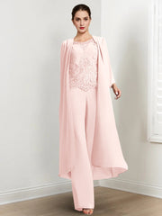Chiffon Round Neck Floor Length Mother Of The Bride Pantsuits With Jacket Applique