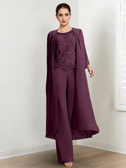Chiffon Round Neck Floor Length Mother Of The Bride Pantsuits With Jacket Applique