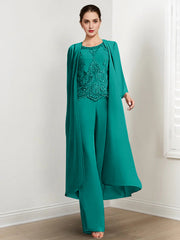 Chiffon Round Neck Floor Length Mother Of The Bride Pantsuits With Jacket Applique