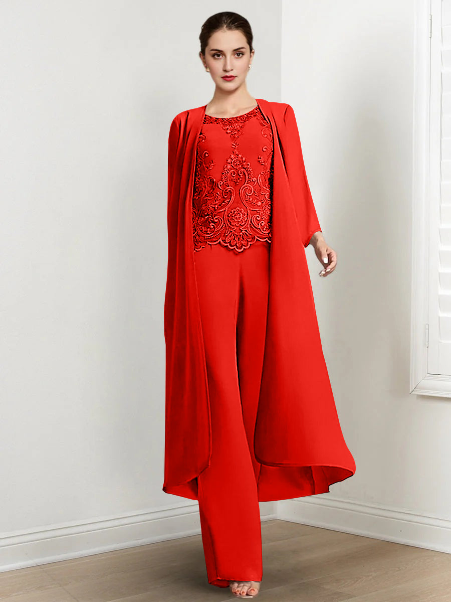 Chiffon Round Neck Floor Length Mother Of The Bride Pantsuits With Jacket Applique