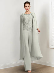 Chiffon Round Neck Floor Length Mother Of The Bride Pantsuits With Jacket Applique