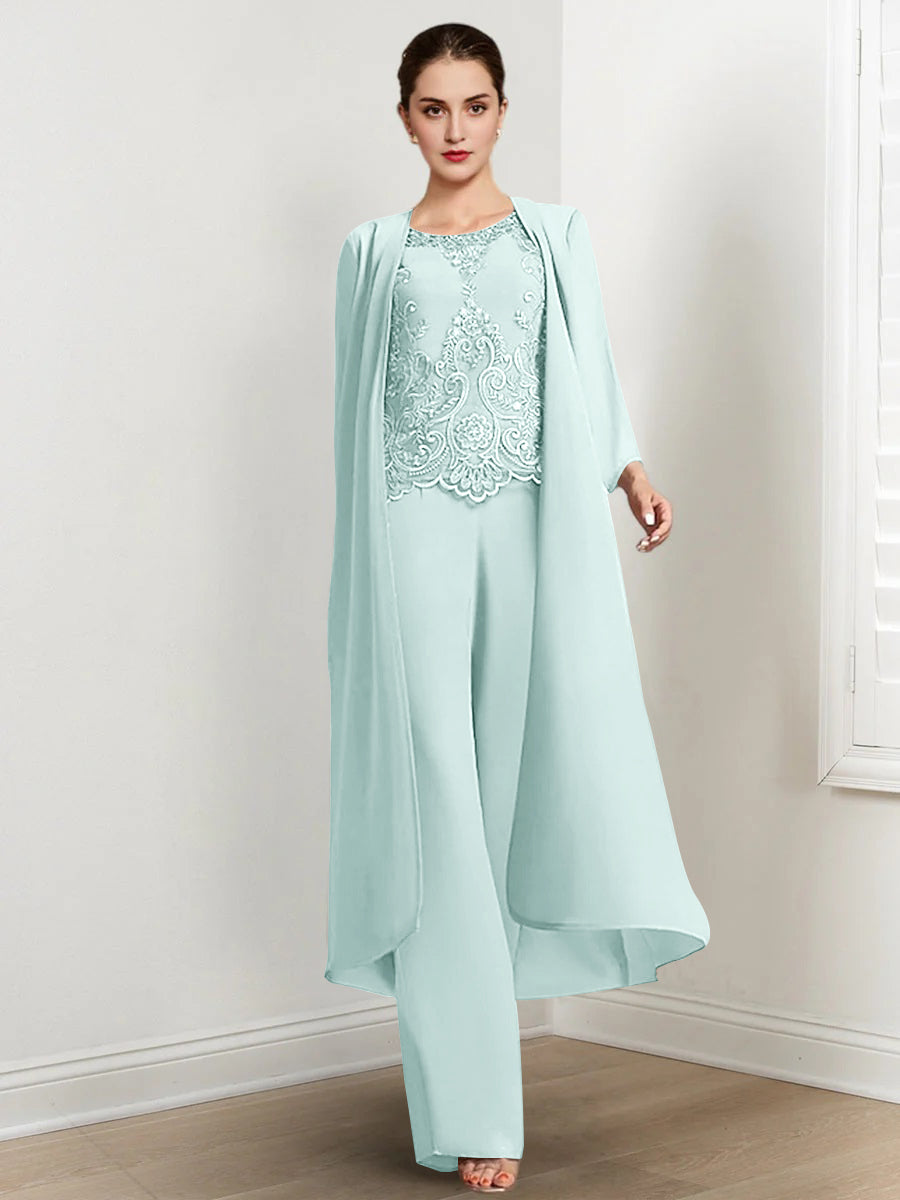 Chiffon Round Neck Floor Length Mother Of The Bride Pantsuits With Jacket Applique