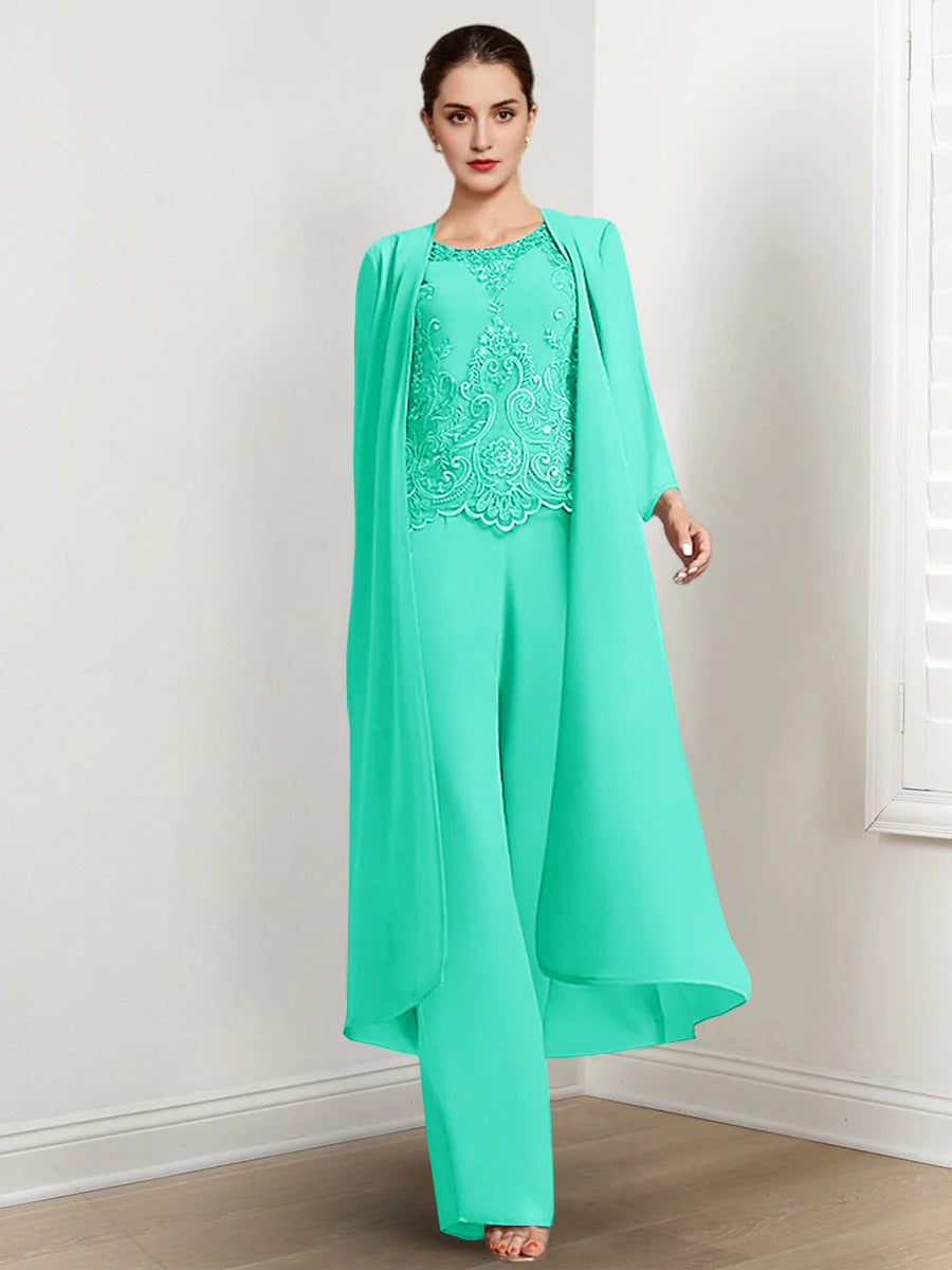 Chiffon Round Neck Floor Length Mother Of The Bride Pantsuits With Jacket Applique
