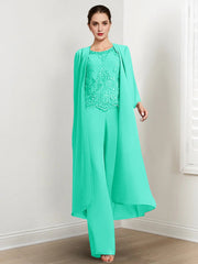 Chiffon Round Neck Floor Length Mother Of The Bride Pantsuits With Jacket Applique