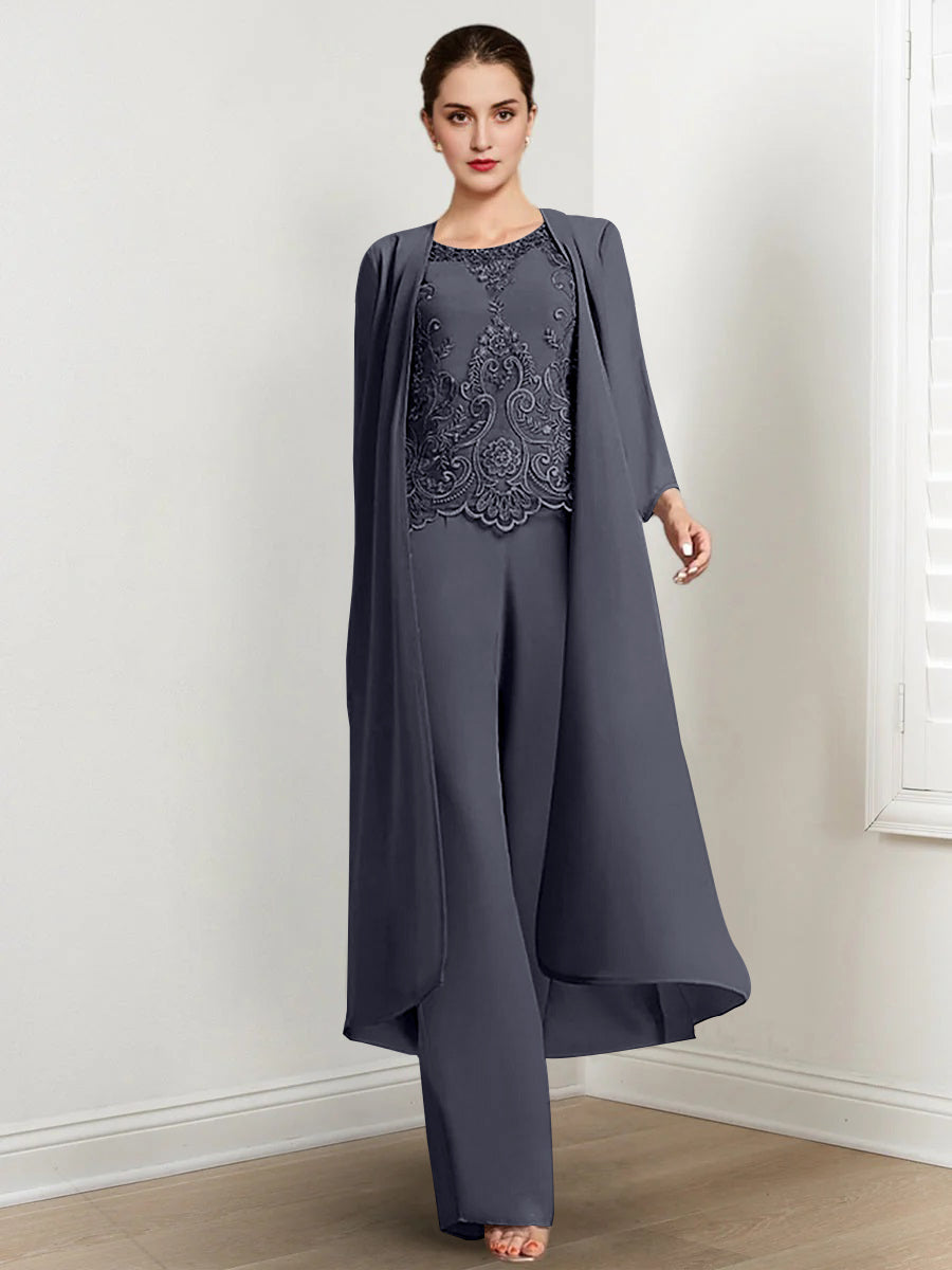 Chiffon Round Neck Floor Length Mother Of The Bride Pantsuits With Jacket Applique
