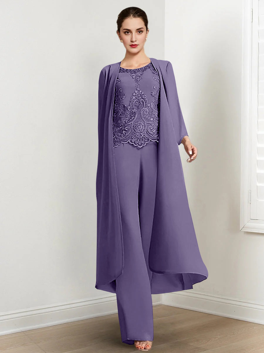 Chiffon Round Neck Floor Length Mother Of The Bride Pantsuits With Jacket Applique