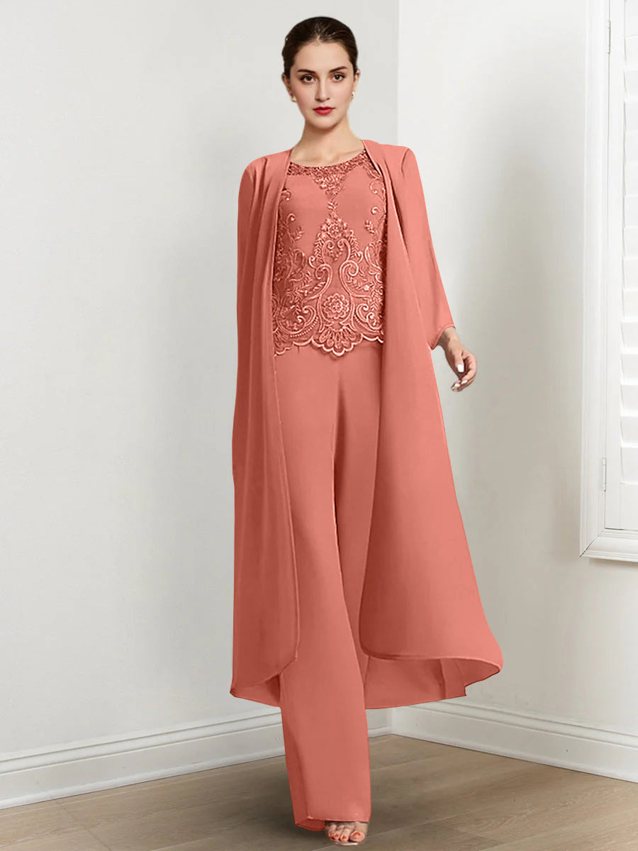 Chiffon Round Neck Floor Length Mother Of The Bride Pantsuits With Jacket Applique