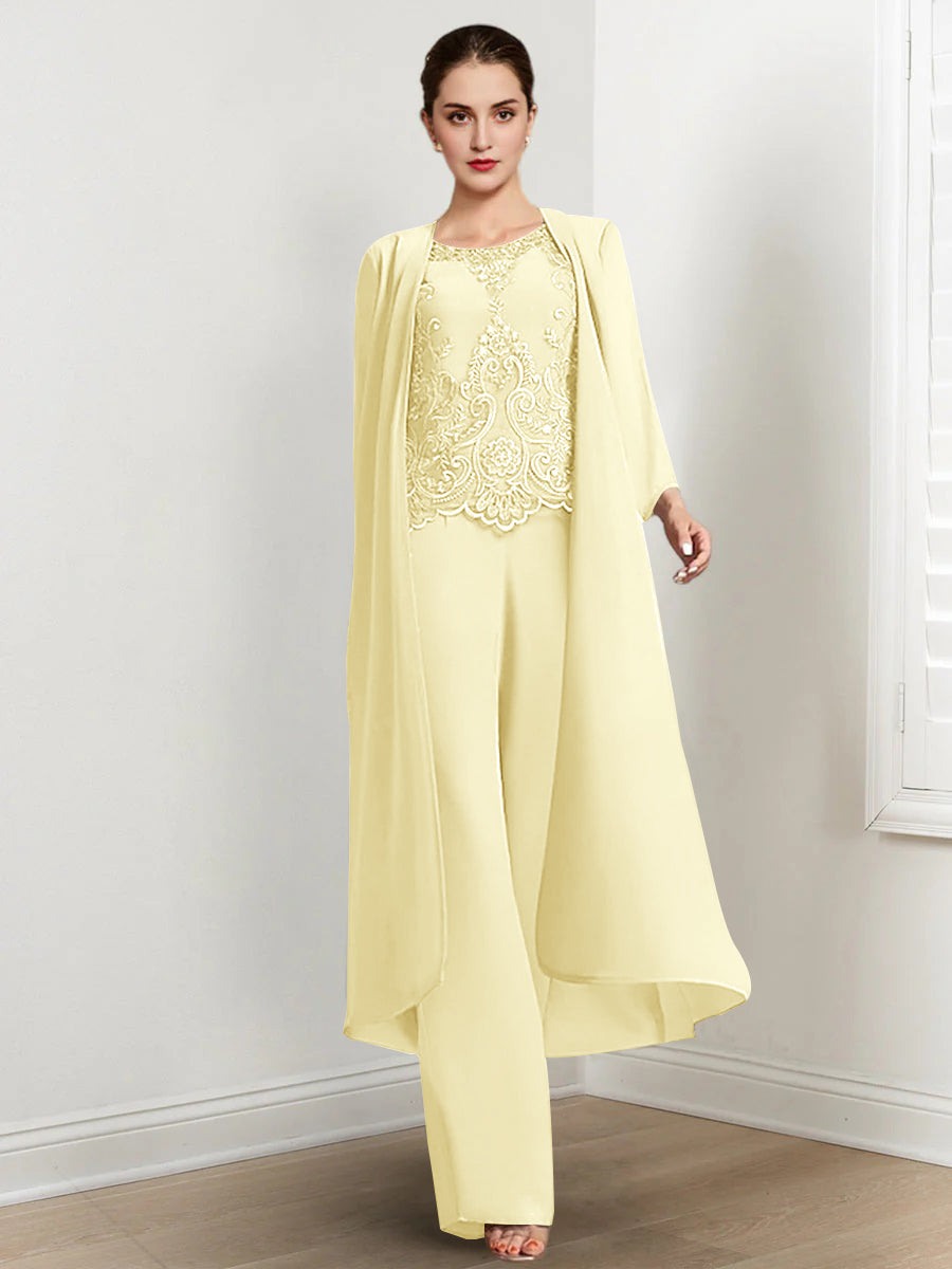 Chiffon Round Neck Floor Length Mother Of The Bride Pantsuits With Jacket Applique