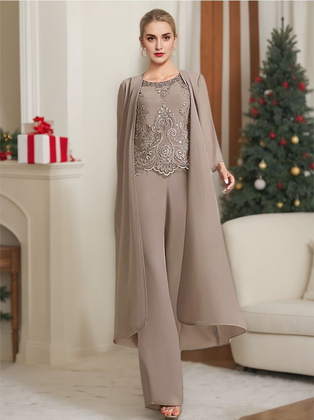 Chiffon Round Neck Floor Length Mother Of The Bride Pantsuits With Jacket Applique