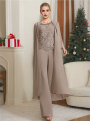 Chiffon Round Neck Floor Length Mother Of The Bride Pantsuits With Jacket Applique
