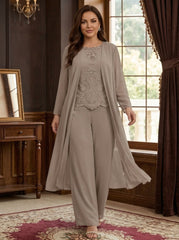 Chiffon Round Neck Floor-Length Plus Size Mother Of The Bride Pantsuits With Jacket & Applique