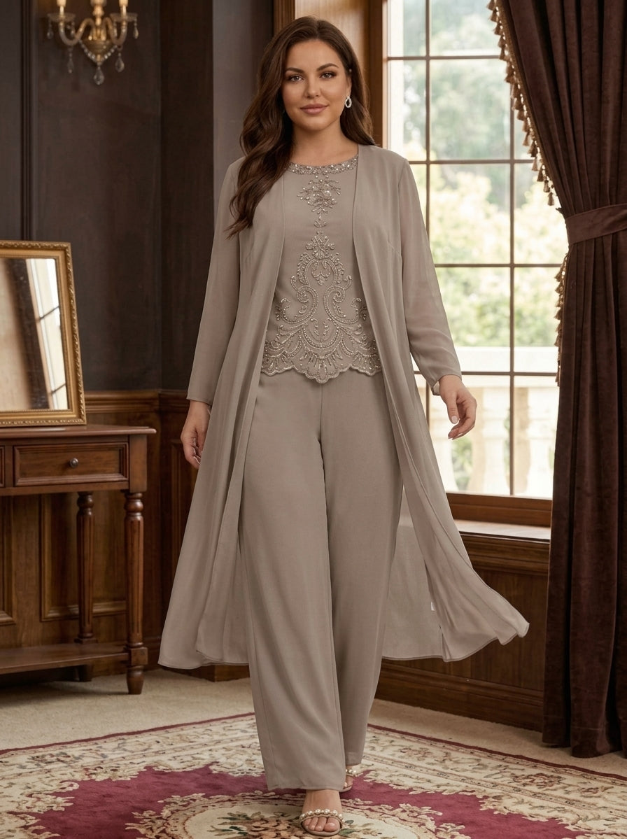 Chiffon Round Neck Floor Length Plus Size Mother Of The Bride Pantsuits With Jacket Applique