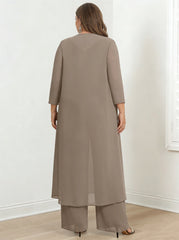 Chiffon Round Neck Floor Length Plus Size Mother Of The Bride Pantsuits With Jacket Applique