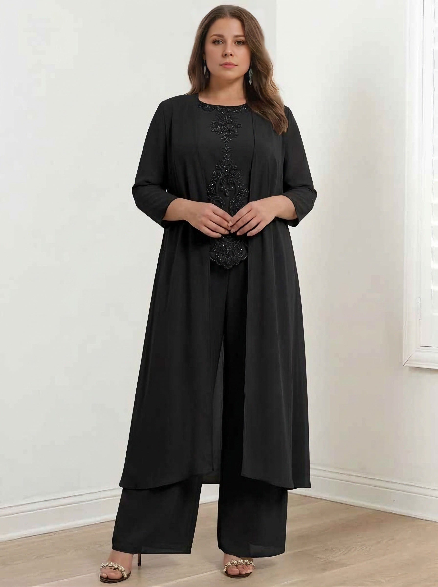Chiffon Round Neck Floor Length Plus Size Mother Of The Bride Pantsuits With Jacket Applique